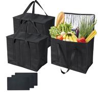 BOJVESH 3 bolsas aisladas para la compra de comestibles, bolsas grandes negras de 40 L, bolsas térmicas duraderas con asas y placas inferiores, contenedor de almuerzo reutilizable para catering y