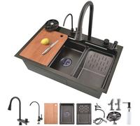 Bokaiya Fregadero de cocina 85 x 45 cm, fregadero de cocina negro de acero inoxidable, cascada, lavado con grifo extensible, lavavajillas de cristal, 1 lavabo plateado, fregadero de acero inoxidable