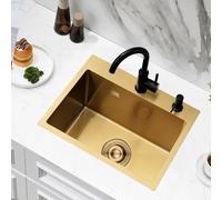 Bokaiya Fregadero de Cocina Oro, 1 Lavabo Empotrado Acero Inoxidable, Oro, Rectangular, Para Empotrar Fregadero de Cocina Individual 55x45x20cm