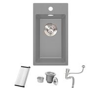 Bokaiya Fregadero Granito Gris 28x50cm, Cocina 1 Seno Sobre Encimera al Mueble 30cm, Minilavabo de Cocina para Exteriores, para RV, con Rebosadero, Rejilla Enrollable y Sifón