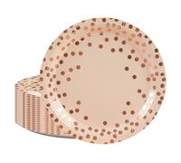 BOKFJBP Paquete de 50 platos de papel, 17,78 cm, redondos, de papel de aluminio metálico rosa y oro rosa, desechables, para postres, fiestas, suministros para Año Nuevo, cumpleaños, bodas, vacaciones