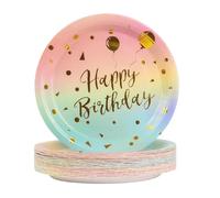 BOKFJBP Paquete de 50 platos de papel de feliz cumpleaños, 17,8 cm degradado y dorado, juego de vajilla desechable para fiesta de compromiso, aniversario, cumpleaños, decoraciones de niñas, mujeres y