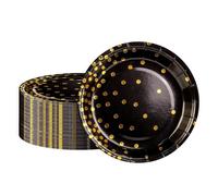 BOKFJBP Paquete de 50 platos de papel negro y dorado, platos de papel negro de 7 pulgadas, platos de papel pequeños para fiestas, vajilla para fiesta de cumpleaños, graduación, boda, Navidad