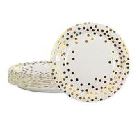 BOKFJBP Paquete de 50 platos de papel, redondos, de 7 pulgadas, redondos, de papel de aluminio metálico blanco y dorado, con lunares, desechables, suministros de fiesta para cumpleaños, bodas