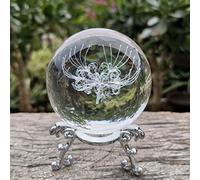 Bola de cristal 3D Equinoccio Estatuilla de flores Vidrio Esfera grabada con láser Pisapapeles Decoración de escritorio para el hogar Adornos Artesanía Regalos-60 mm_con base plateada