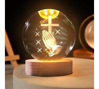 Bola de cristal con luz nocturna, 8 cm, bola de cristal 3D orando con base de madera, decoración navideña, lámpara de cristal, fuente de alimentación USB, Jesús, cruz de luna de Jesús, regalos