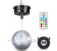 Bola de discoteca con motor y luz, motor giratorio de discoteca actualizado con bola de espejo de 6 pulgadas, gancho, mando a distancia y cable, 12 modos de color y 30 perlas LED, 6 velocidades para