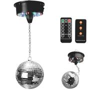 Bola de discoteca de 12 cm con motor y LED, bola de espejos giratoria con 18 perlas LED, alimentada por batería, bola de discoteca con anilla metálica, decoración de bola de discoteca para fiestas
