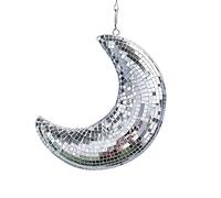 Bola de espejo, diseño retro con forma de luna plateada, adornos divertidos para colgar, reflectante, brillante, hecho a mano para baile, boda, karaoke, bar, 15 x 21 cm