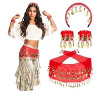Boland 00458-Set Gitano Rojo cinta para el pelo pulsera pañuelo de cadera danza del vientre oro monedas cuentas swing de cadera baile carnaval halloween fiesta de disfraces disfraces teatro accesorio