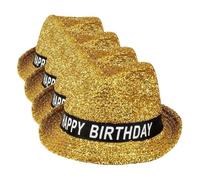 Boland 00941 - Sombrero Feliz Cumpleaños, sombrero para el cumpleaños, dorado, con purpurina, banda blanca y negra con escritura, accesorio, regalo, traje, fiesta (Paquete de 4)