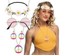 Boland 44551 - Juego de disfraz hippie Deluxe, diadema, gafas de fiesta, pendientes y collar, Flower Power 70, carnaval, fiesta temática
