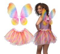 Boland 52871 - Set de disfraz de hada arcoíris, 2 piezas, alas y tutú en colores del arco iris, para niños, falda de tul, cuento de hadas, mariposas, disfraces, carnaval, guardería, fiesta temática