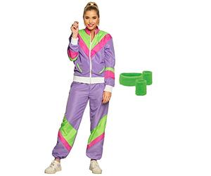 Boland - Conjunto de entrenamiento para señora, púrpura-verde, mono de los años 80 y conjunto de sudadera de 3 piezas, Bad Taste, disfraz, carnaval, fiesta de disfraces
