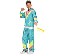 Boland - Conjunto de fiesta para hombre, azul y amarillo, mono años 80 y gafas de fiesta, mal gusto, disfraz, carnaval, fiesta de disfraces