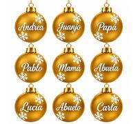 Bolas de Navidad Personalizadas con Nombre, Doradas, Set 9. | Adorno navidad personalizado con nombre, set de 9 bolas doradas de 8 cm con cordón para colgar, para el árbol familiar