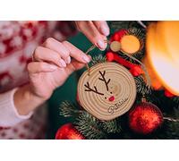 Bolas de Navidad Personalizadas con tu Nombre.Rodaja de Madera.Tronco de arbol.Regalos navideños.Decoracion Navidad (Reno)