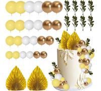 Bolas Decoracion Tartas, 64 PCS Decoracion de Pastel Bohemio, Bolas Adornos Tarta, Decoracion Tarta Hojas de Palma, Decoracion Tartas Cumpleaños para DIY, Bodas, Baby Showers (Amarillo)