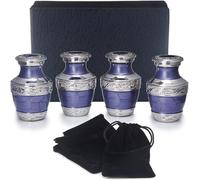 BOLD & DIVINE Urnas de recuerdo moradas con forros plateados | Pequeñas | Juego de 4 mini urnas | Para cenizas humanas con caja y bolsas de terciopelo