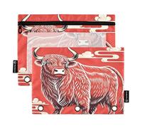 Bold Highland Bull Red - Juego de 2 estuches para carpetas de 3 anillas, cremallera suave con ventana de PVC transparente para suministros escolares