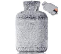BOLEi Bolsa De Agua Caliente Con Funda, Bolsa De Agua Caliente Peluche,Con Bolsillo De Canguro,2L Bolsa de Agua Caliente Grande, Caucho Natural(Gris)