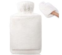 BOLEi Bolsa De Agua Caliente Con Funda, Bolsa De Agua Caliente Peluche Con Bolsillo De Canguro, 2L, Caucho Natural (Blanco)