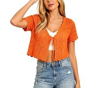 Bolero De Crochet De Manga Corta para Mujer con Lazo Frontal Cárdigan Abierto para Mujer Vestido Cárdigan De Crochet Ideal para Ocasiones Elegantes y Atuendos Casuales Color Naranja Talla L.