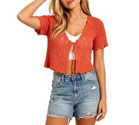Bolero De Crochet De Manga Corta para Mujer con Lazo Frontal Cárdigan Abierto para Mujer Vestido Cárdigan De Crochet Ideal para Ocasiones Elegantes y Atuendos Casuales Color Rojo Sandía Talla XL.