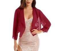 Bolero De Gasa Blanca para Mujer Mangas 3/4 Frente Abierto Suelto Elegante para Noche Ligero Transparente Cárdigan Corto De Verano para Vestido De Novia De Noche Burdeos Talla S