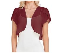 Bolero de gasa elegante para mujer, chaqueta de bolero corta, con parte delantera abierta, informal, manga corta, chaqueta de punto, ligera, para playa, vestido de cóctel, vestido de noche, Vino, S