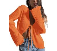 Bolero De Mujer con Lazo Frontal Cárdigan De Manga Larga Corto Transparente Chaqueta Ligera Tradicional para Mujer Blusa Top para Cubrir Vestido Noche Uso Diario Naranja Rojo Talla XL