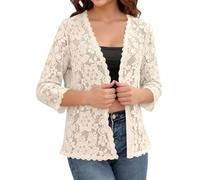 Bolero Encaje Mujer Manga 3/4 Cárdigan Encaje Floral Ondulado con Borde Festoneado Largo Medio Corte Holgado Chaqueta Ligera Verano Ideal para Vacaciones y Uso Diario con Vaqueros Color Albaricoque