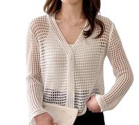 Bolero Jacke Damen Festlich,Cárdigan De Crochet con Botones para Mujer Boleros Cortos Calados De Verano Suéter Informal De Manga Larga con Cuello En V Tops De Playa De Verano para Vestidos Blanco