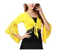 Bolero Jacke Damen Festlich,Traje De Danza del Vientre Tribal para Mujer con Encaje Floral Mangas 3/4 Acampanadas Top Cruzado con Cuello En V Nudo Anudado Chal De Vendaje Top Corto para Festivales D
