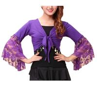 Bolero Jacke Damen Festlich,Traje De Danza del Vientre Tribal para Mujer con Encaje Floral Mangas 3/4 Acampanadas Top Cruzado con Cuello En V Nudo De Lazo Chal De Vendaje Top Corto para Festival DIS