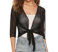 Bolero Mujer,Cárdigan Tipo Bolero De Gasa para Mujer, Chal con Mangas 3/4, Frente Abierto, Ligero, Corto, para Cubrir, para Noche, Boda, Ocasión, Chaqueta Negra L