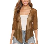 Bolero Mujer,Cárdigan Tipo Bolero De Gasa para Mujer, Chal con Mangas 3/4, Frente Abierto, Ligero, Corto, para Cubrir, para Noche, Boda, Ocasión, Chaqueta Marrón Oscuro XXL
