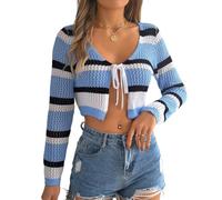 Bolero Punto Ganchillo Mujer Lazo Frontal Top Corto Punto A Rayas Bloques Color Manga Larga Ligero Ideal para el Verano Oktoberfest para Uso Diario Color Azul Talla L.