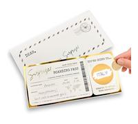 Boleto de viaje dorado para rascar y revelar, regalo sorpresa personalizado con sobre. Boleto dorado, regalo de vuelo único para aniversario, cumpleaños, San Valentín y vacaciones de Navidad (paquete