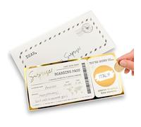 Boleto de viaje dorado para rascar y revelar, regalo sorpresa personalizado con sobre. Boleto dorado, regalo único de viaje de vuelo para aniversario, cumpleaños, San Valentín y vacaciones de Navidad