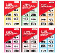 Boletos de lotería | 6 libros de 1 a 1000 | Fácil de arrancar | Perforado - Colores mixtos - Boletos de guardarropa para lotería y tombola numerados