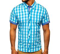BOLF Hombre Camisa a Cuadros De Manga Corta Abotonada de Algodón Elegante Corte Ajustado Negocios Traje Verano Fiesta Ocio Slim Fit Logo Estilo Casual 6522 Turquesa XL [2B2]