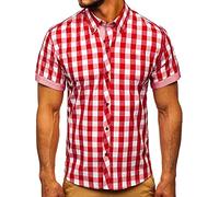 BOLF Hombre Camisa a Cuadros De Manga Corta Abotonada de Algodón Elegante Corte Ajustado Negocios Traje Verano Fiesta Ocio Slim Fit Logo Estilo Casual 6522 Rojo M [2B2]