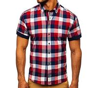 BOLF Hombre Camisa a Cuadros De Manga Corta Abotonada de Algodón Elegante Corte Ajustado Negocios Traje Verano Fiesta Ocio Slim Fit Logo Estilo Casual 5532 Burdeos XXL [2B2]