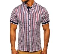 BOLF Hombre Camisa a Cuadros De Manga Corta Abotonada de Algodón Elegante Corte Ajustado Negocios Traje Verano Fiesta Ocio Slim Fit Logo Estilo Casual 4510 Rojo M [2B2]