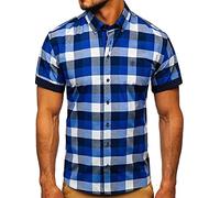 BOLF Hombre Camisa a Cuadros De Manga Corta Abotonada de Algodón Elegante Corte Ajustado Negocios Traje Verano Fiesta Ocio Slim Fit Logo Estilo Casual 5532 Azul Oscuro L [2B2]