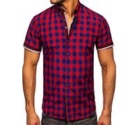BOLF Hombre Camisa a Cuadros De Manga Corta Abotonada de Algodón Elegante Corte Ajustado Negocios Traje Verano Fiesta Ocio Slim Fit Logo Estilo Casual 4508 Burdeos XL [2B2]