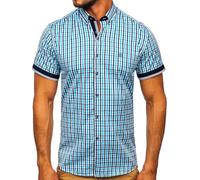 BOLF Hombre Camisa a Cuadros De Manga Corta Abotonada de Algodón Elegante Corte Ajustado Negocios Traje Verano Fiesta Ocio Slim Fit Logo Estilo Casual 4510 Turquesa M [2B2]
