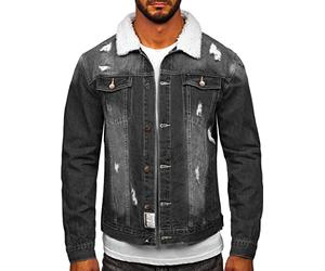 BOLF Hombre Chaqueta vaquera de entretiempo con Pelo Denim Jeans Jacket Vintage Cazadora Plumas Clásico Estilo Urbano Basic Casual Style MJ502N Negro XL [4D4]