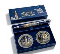 Bolígrafo conmemorativo de la misión Artemis II de regreso a la Luna con moneda, bolígrafo con temática de astronauta y cohete para amantes del espacio, hombre, decoración de escritorio (02#)